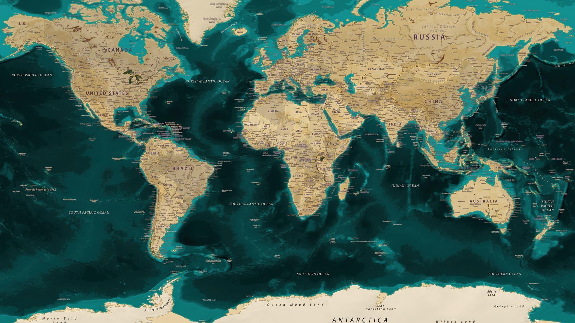 A physical world map with relief and ocean depths